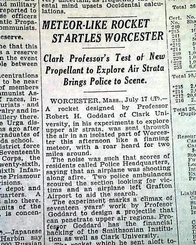 Newspaper article about Goddard's work with the headline: "Meteor-like rocket startles Worcester Clark Professor's Test of New Propellant to Explore Air Strata Brings Police to Scene"