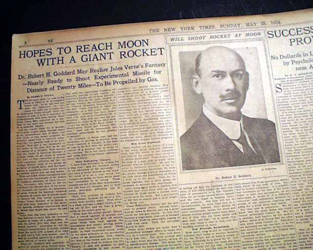 New York Time article about Goddard's work with the headline: "Hopes to reach moon with giant rocket"
