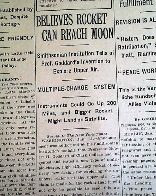 New York Times article about Goddard's work with the Headline: "Believes Rocket Can Reach Moon."