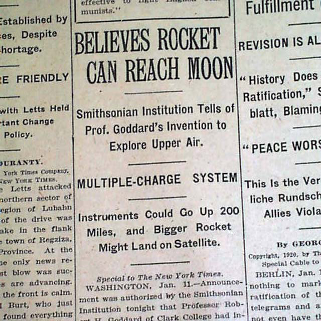 New York Times article about Goddard's work with the Headline: "Believes Rocket Can Reach Moon."