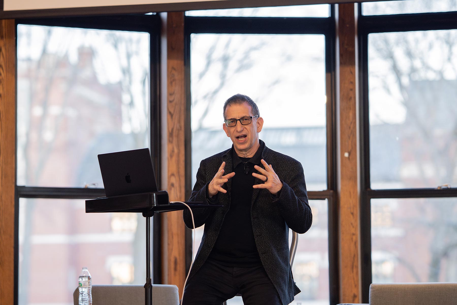 Matt Goldman ’83, MBA ’84, L.H.D. ’15, co-founder of Blue Man Group and owner of the Astor Palace Theatre in New York speaking on the Clark University campus, November 2025