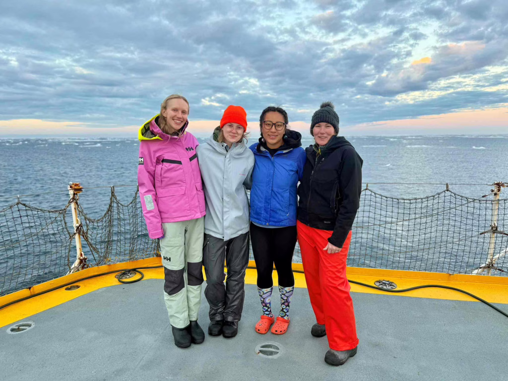 Ph.D. student Morgan Lehman, Ella Christie ’27, Ph.D. student Anna Zhu, and Professor Karen Frey aboard the CCGS Sir Wilfrid Laurier.