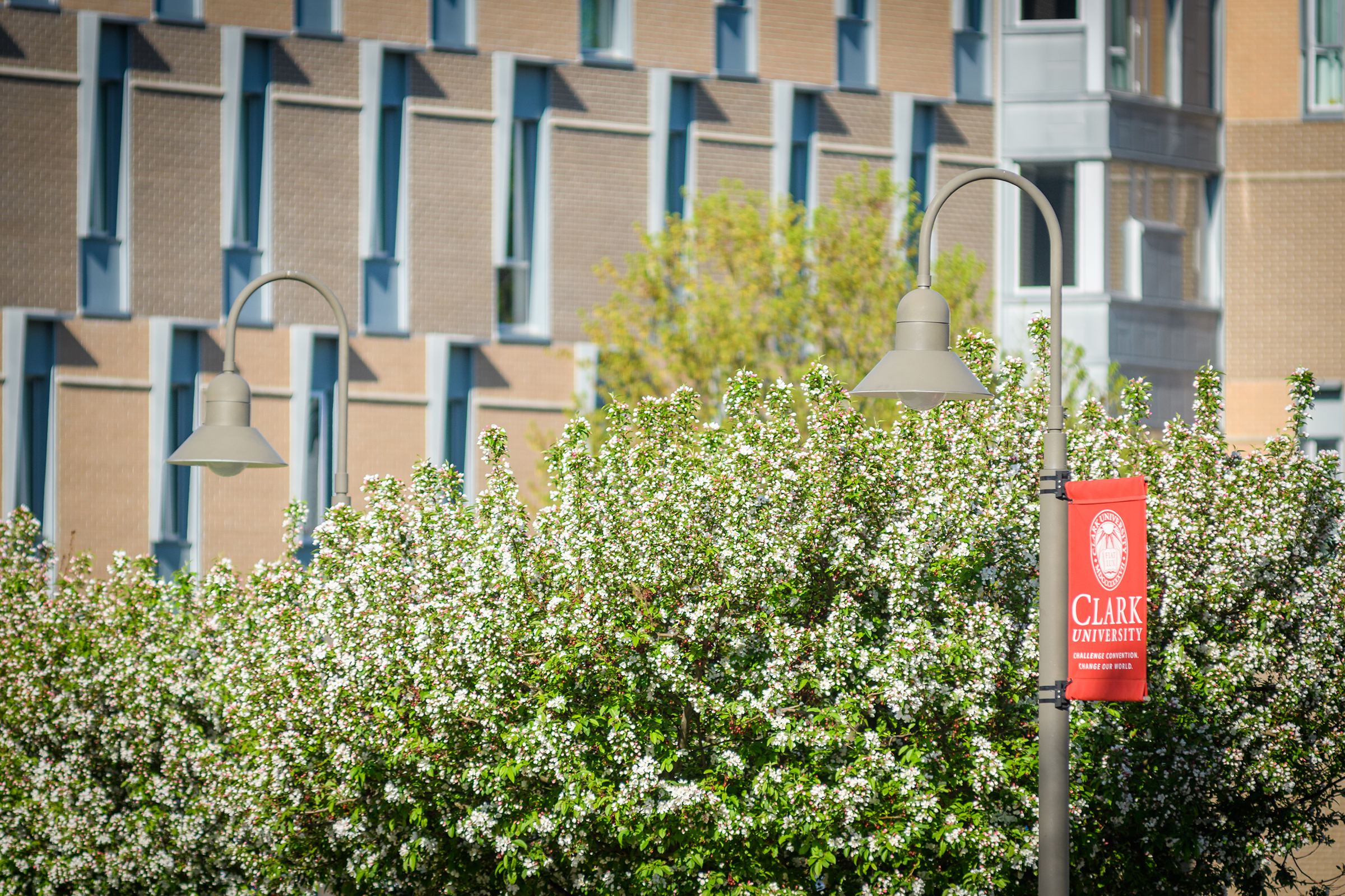 blackstone residence hall - clark banner in front of building