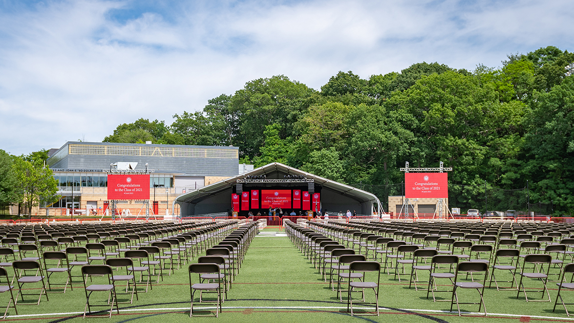 Dolan Field House - commencement rehearsal setup