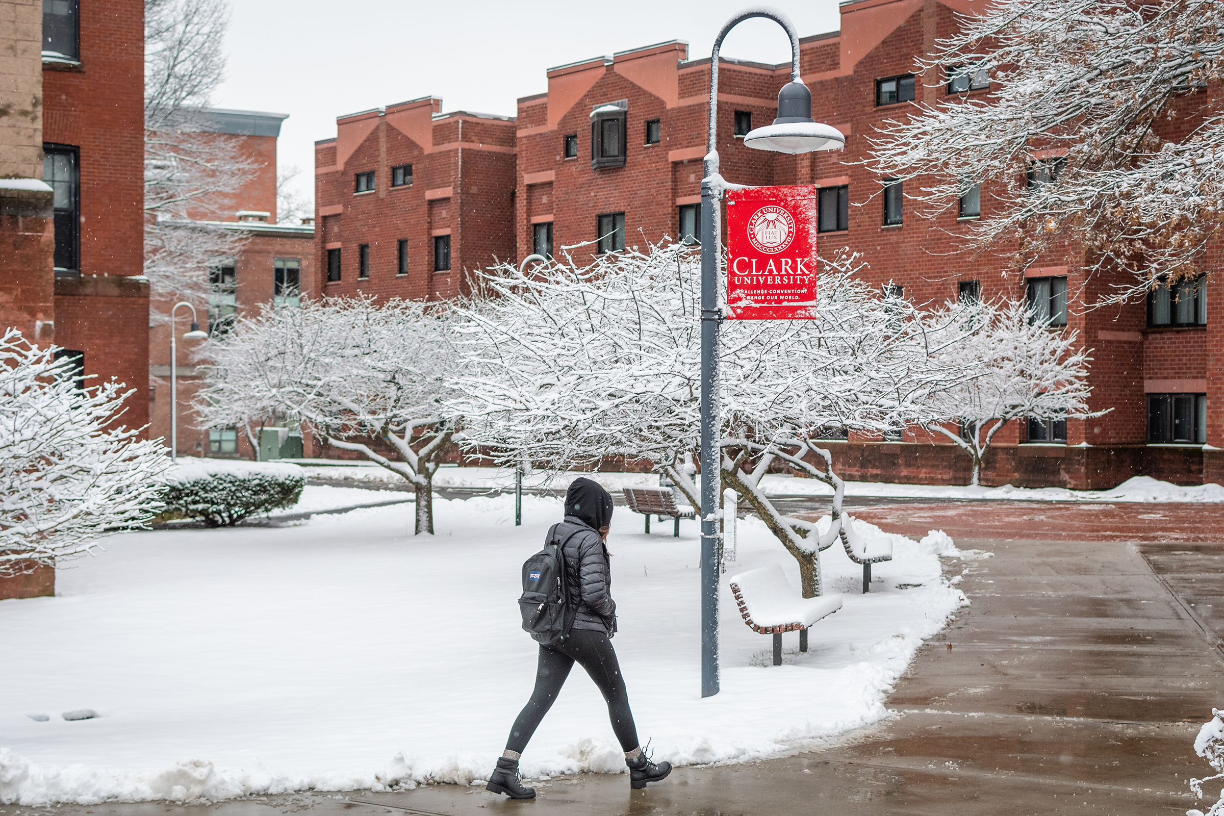 Maywood Residence Hall - exterior shot, winterscene