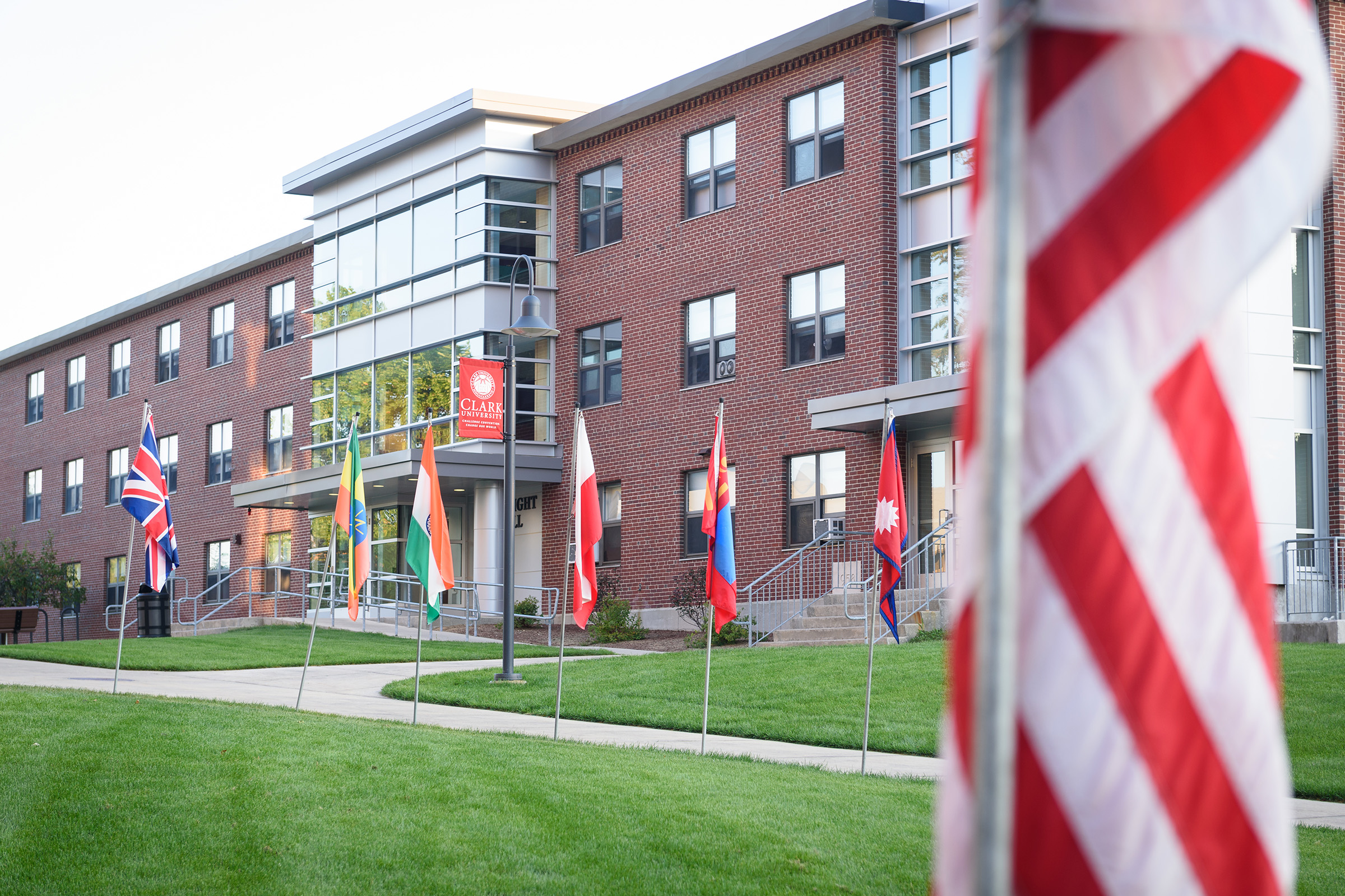 Wright Residence Hall - flags outside of building
