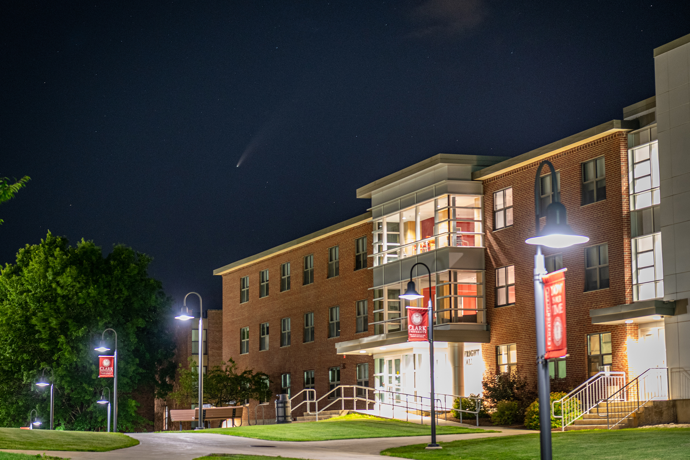 Wright Residence Hall comet over head - night photo