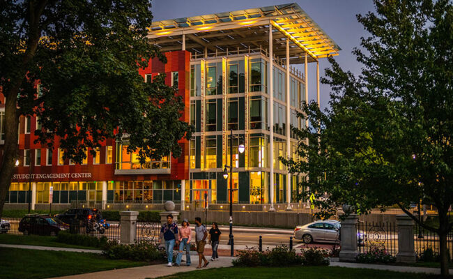 Shaich Family Alumni and Student Engagement Center (ASEC) night shot