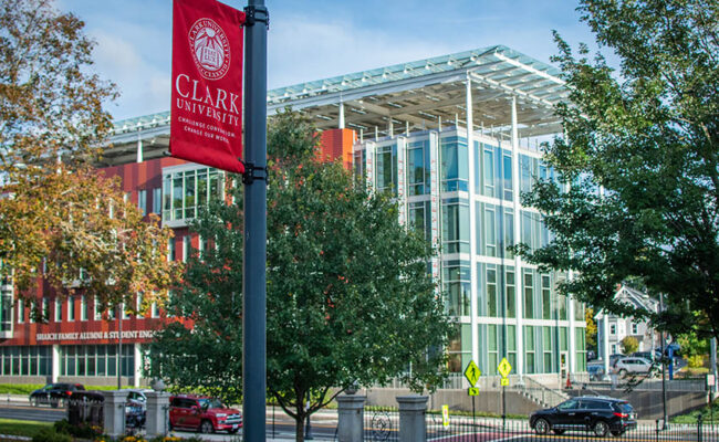 Shaich Family Alumni and Student Engagement Center (ASEC) with clark banner