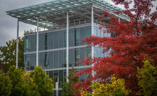 Shaich Family Alumni and Student Engagement Center (ASEC) - side shot of all glass