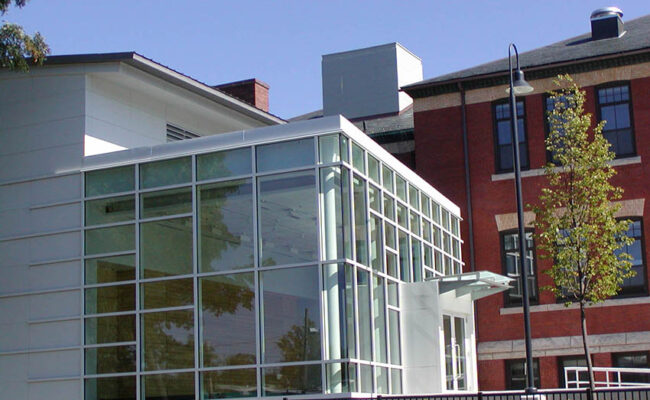 Traina Center for Arts - glass enclosure of the building