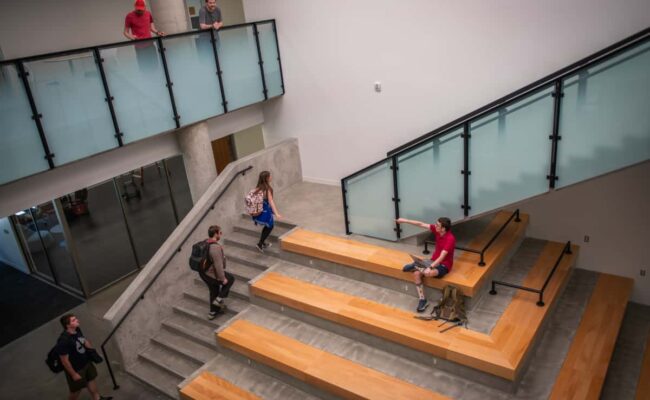 an overhead view of students in the lobby