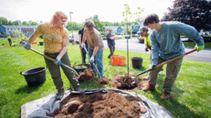 students planting trees