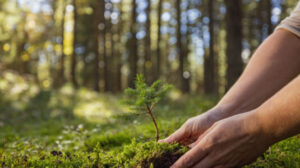 planting small fir tree in forest