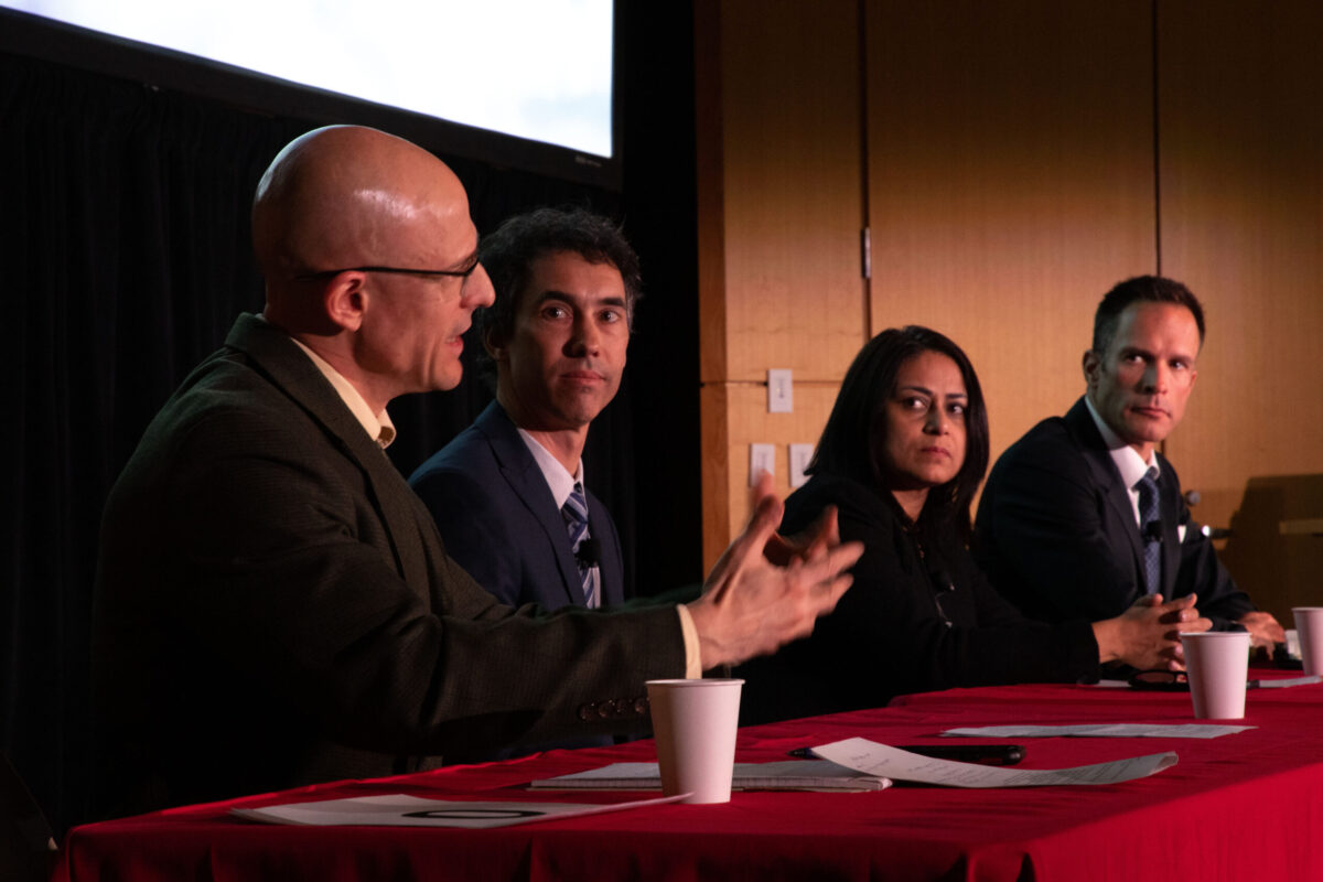 From left: Robert Johnston, Christopher Williams, Rinku Roy Chowdhury, and Edward Carr discuss "Global and Climate Change."