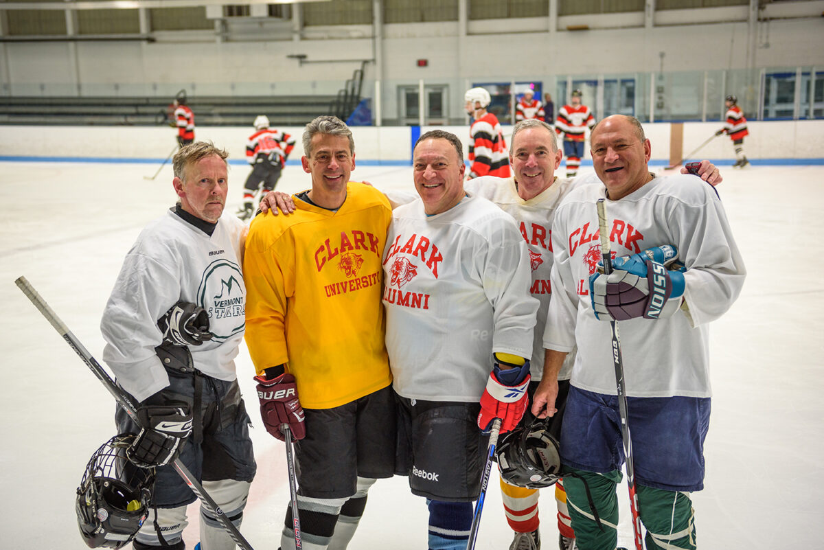 Participating in the annual Alumni Hockey Game last November, from left: Scott Love ’81, Dave Kahl ’81, MBA ’84, Lee Plave ’80, Tom Dolan Jr. ’79, and Dave Fried ’81.