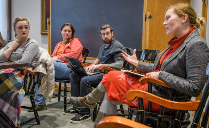 Professor Karen Frey speaks to students in class