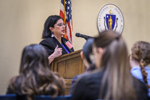 Marianne Sarkis speaking to crowd