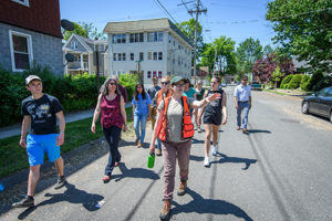 students walking down street