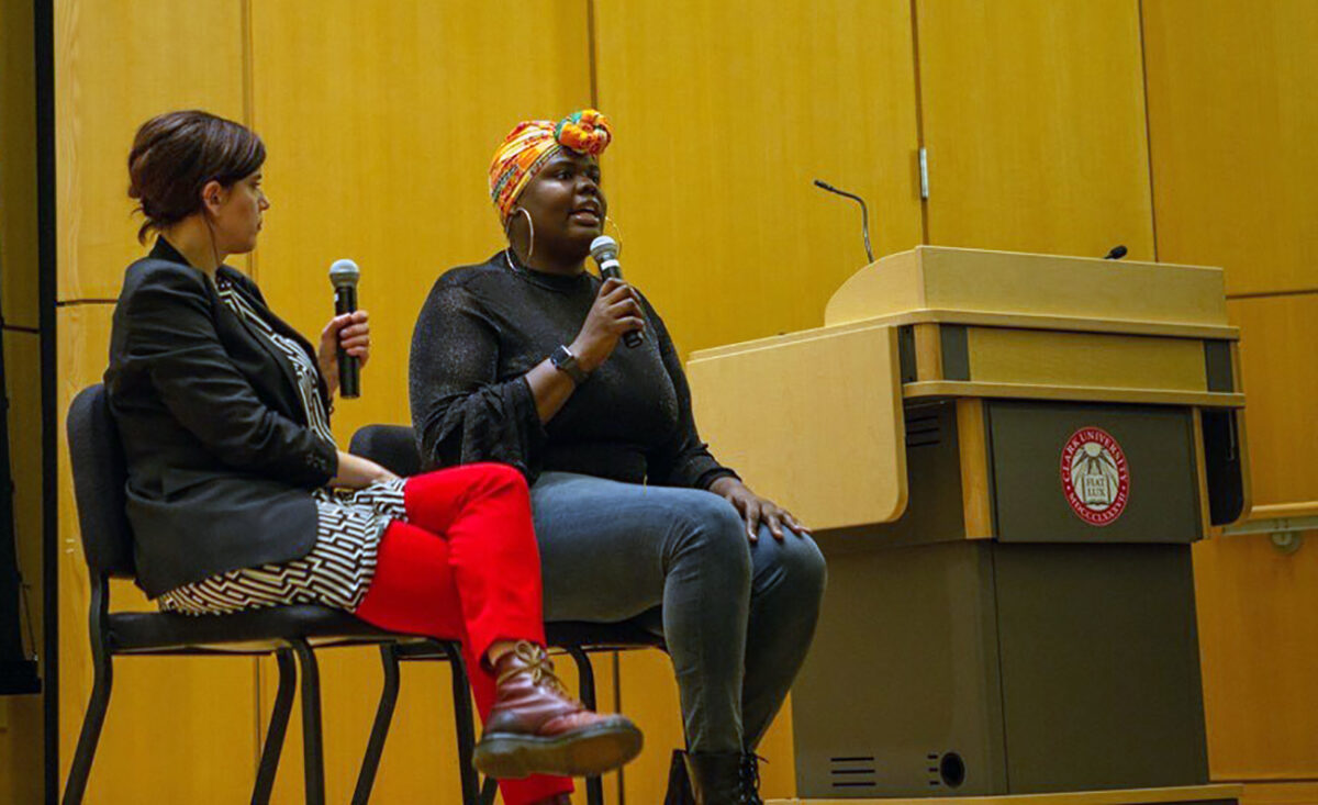 Gia Marie Love speaks to audience as writer/director Sara Jordenö looks on