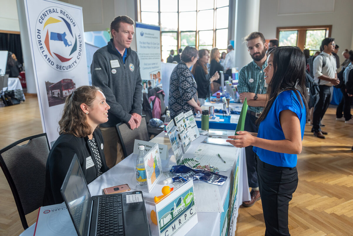 Clark student talks to employers at Career Fair.