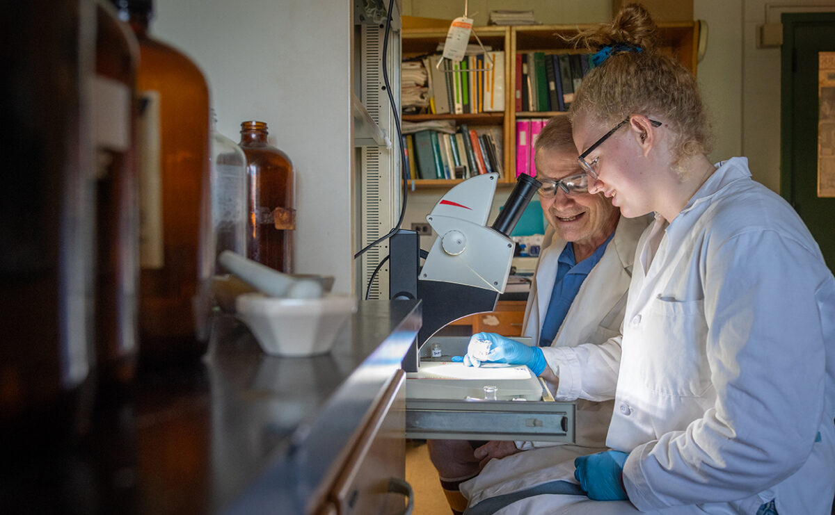 Katie Meehan ’20 discusses her compound research with Professor Mark Turnbull.
