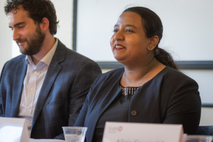 Steinbrecher fellow alumni Samuel Berman and Suaida Firoze speak at panel discussion