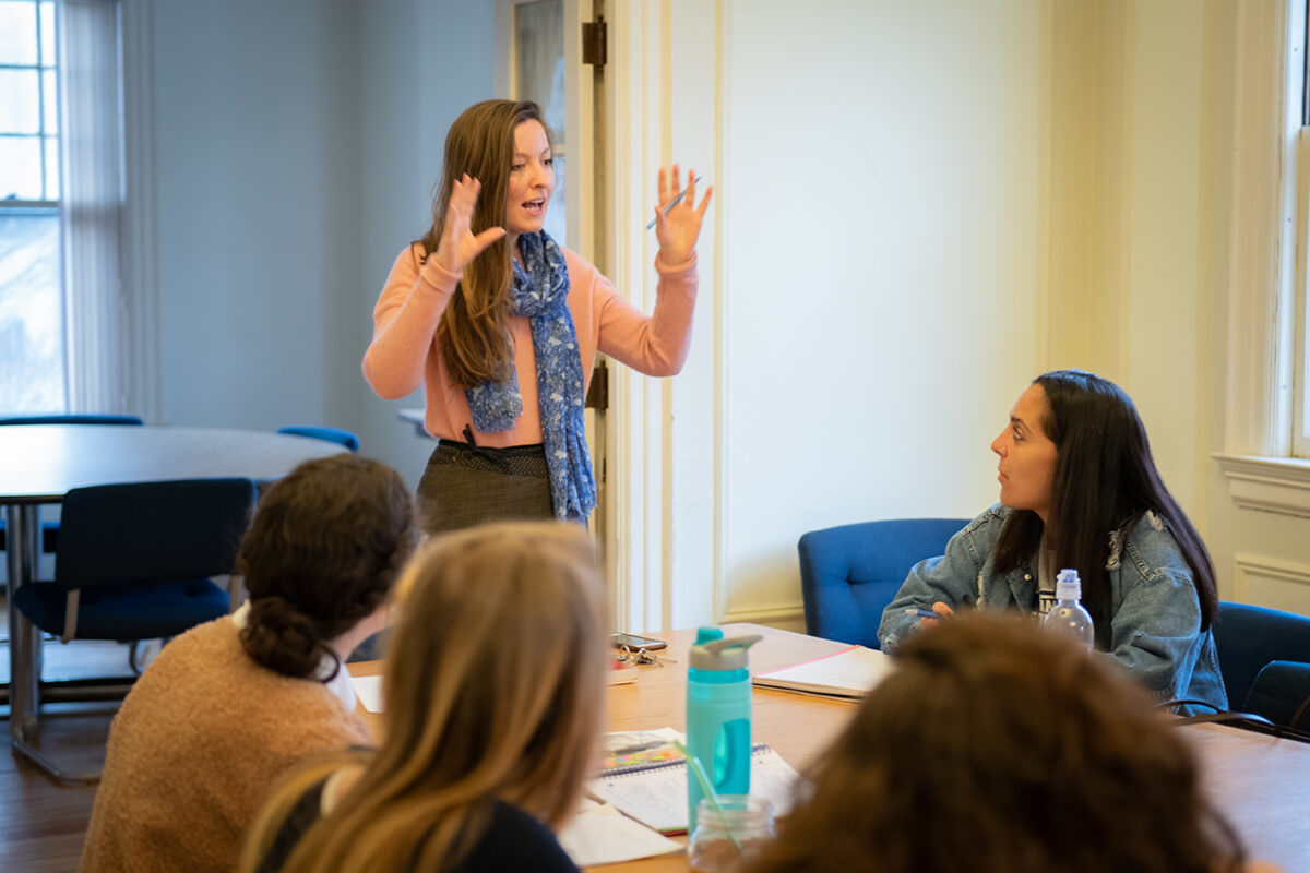 Professor Frances Tanzer teaches a class at the Strassler Center for Holocaust and Genocide Studies