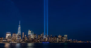 New York City skyline with World Trade Center memorial lights