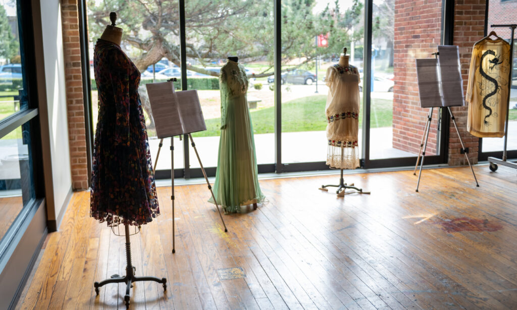 Garments on display in a fashion exhibit arranged by Maia Snyder '23, M.A. '24.