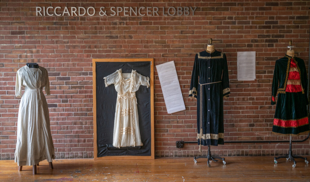 Garments on display in a fashion exhibit arranged by Maia Snyder '23, M.A. '24.
