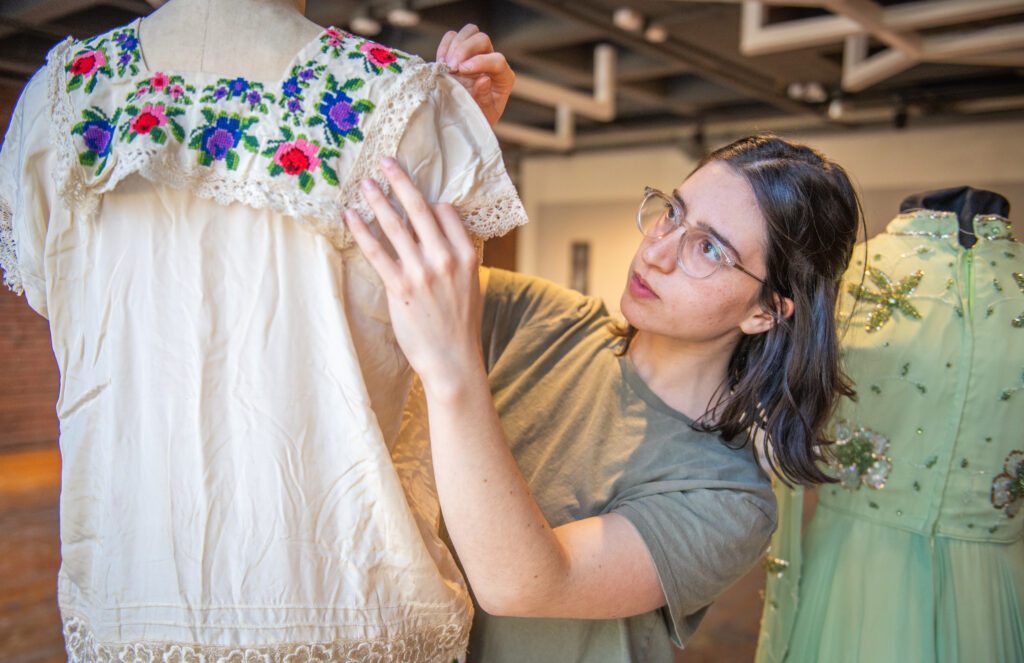 Garments on display in a fashion exhibit arranged by Maia Snyder '23, M.A. '24.