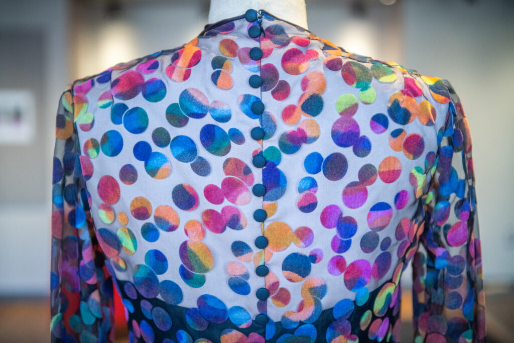 Garments on display in a fashion exhibit arranged by Maia Snyder '23, M.A. '24.