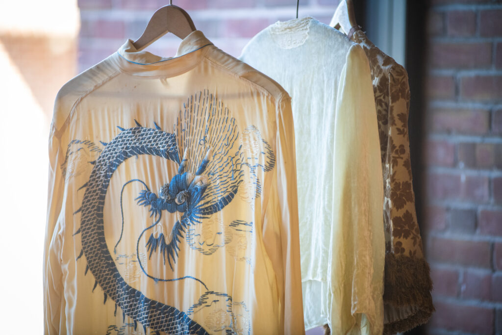 Garments on display in a fashion exhibit arranged by Maia Snyder '23, M.A. '24.