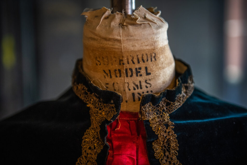 Garments on display in a fashion exhibit arranged by Maia Snyder '23, M.A. '24.