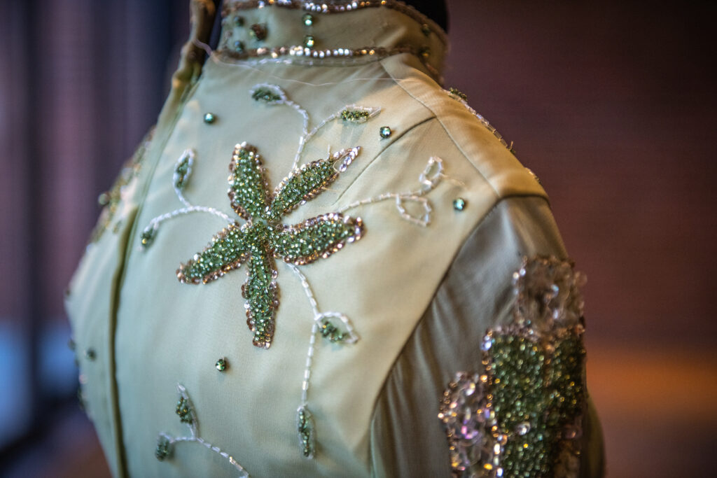 Garments on display in a fashion exhibit arranged by Maia Snyder '23, M.A. '24.