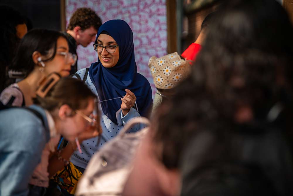 A group of students in Atwood Plaza, #FreshCheckDay, Clark University