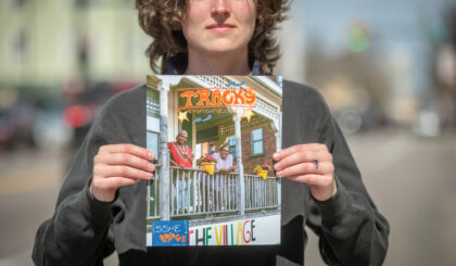 Sophie Gill ’23 with TRACKS Magazine in Worcester's Main South.