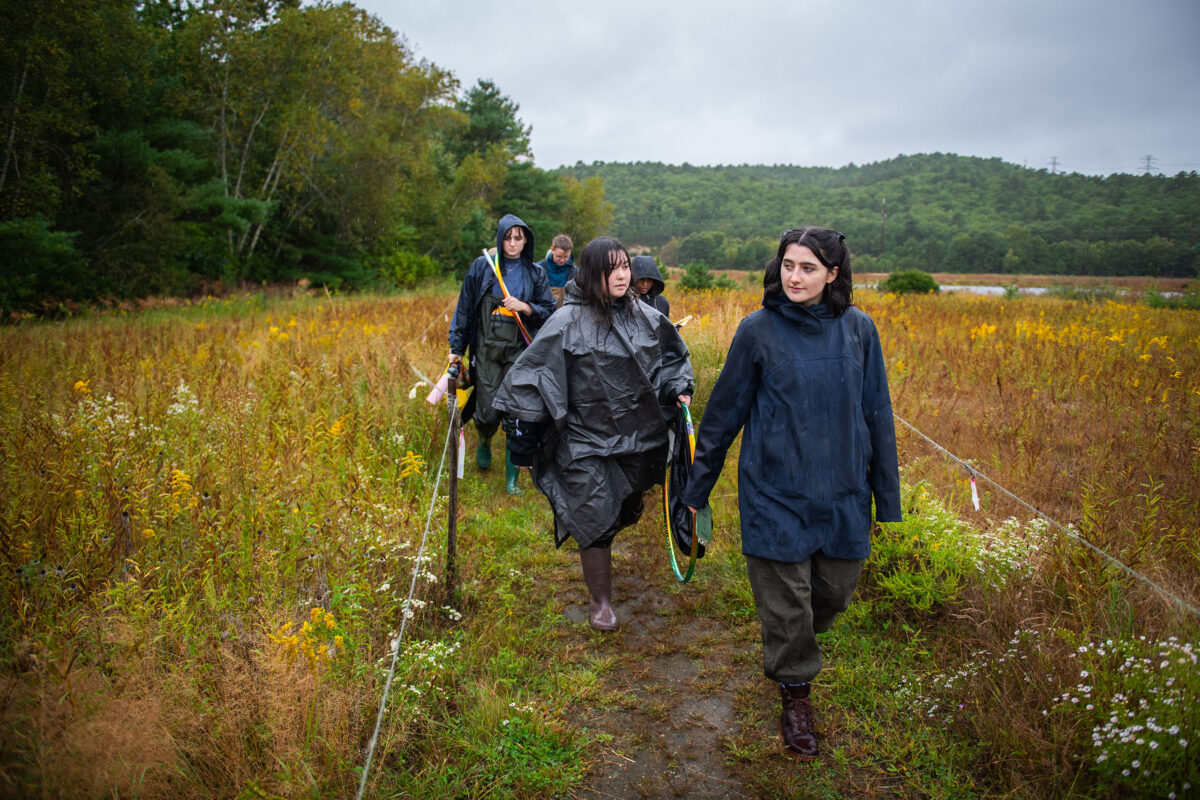 Students walking in field