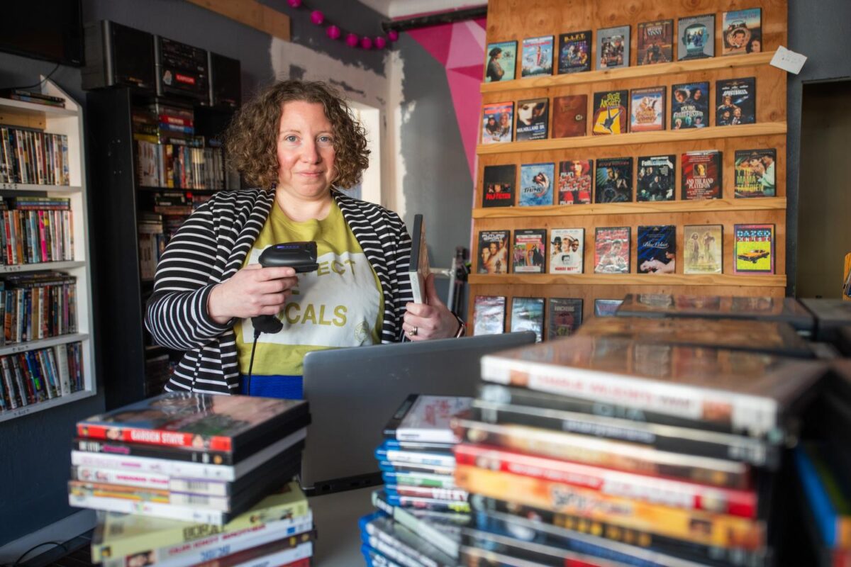 Professor Cara Berg Powers at Rewind video store.