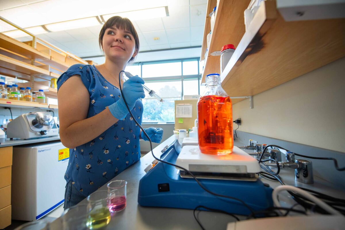 A student working in a lab with jars of colored liquid, Clark University.