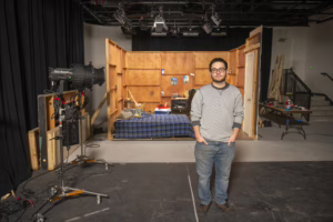 Zeke Fairley in front of the set for his film, From the Cabin