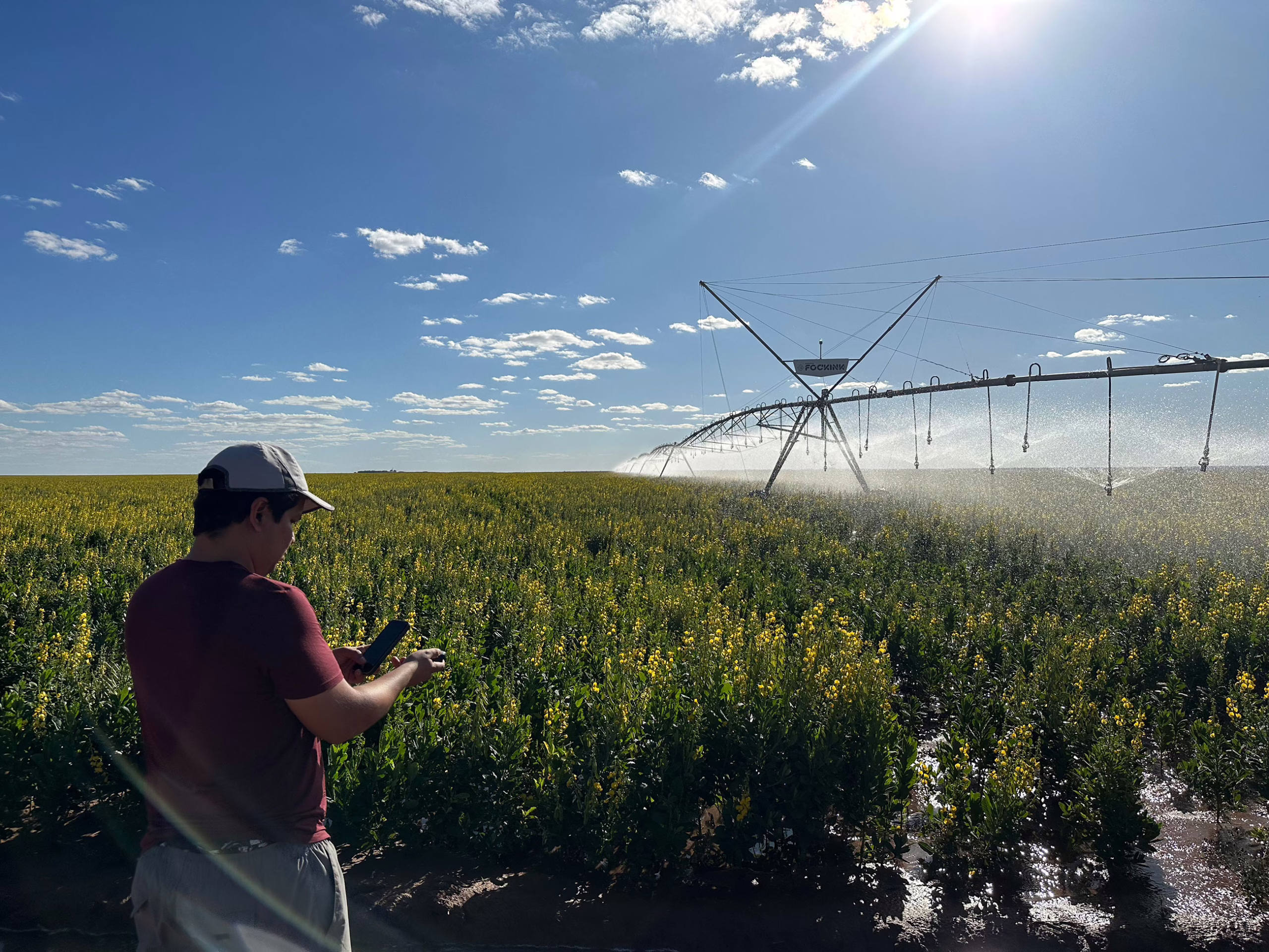 Antonio Fonseca measures land coordinates in a crop field in Brazil