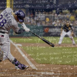 A hitter making contact with the ball, with mathematical symbols superimposed over the image