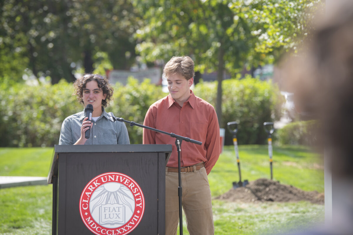 Ruby Lichtman and Zach Rutherford, members of the Clark Environmental Action e-board, speak during School of Climate, Environment, and Society kickoff day