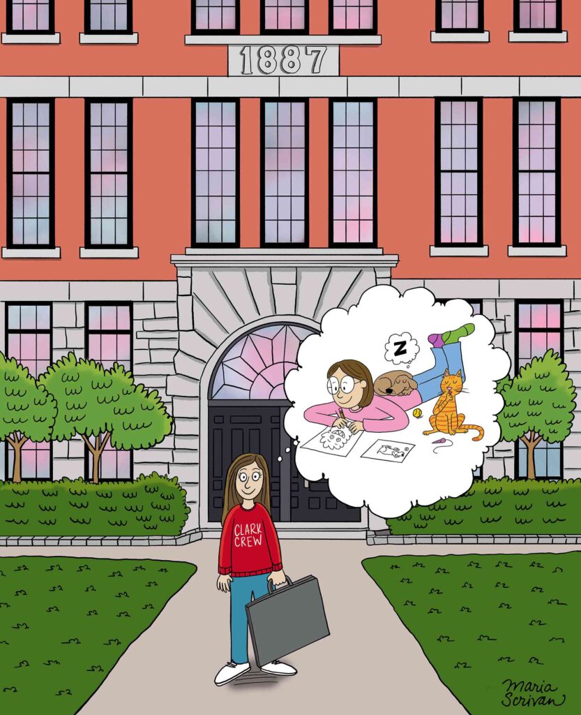 Drawing by Maria Scriabin of a student, portfolio in hand, dreaming of her future life as a cartoonist in front of Jonas Hall