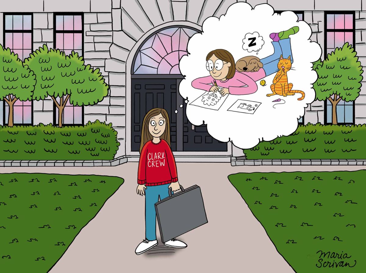 Drawing by Maria Scriabin of a student, portfolio in hand, dreaming of her future life as a cartoonist in front of Jonas Hall