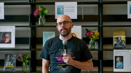 Christopher Davey presenting a talk at Clark University