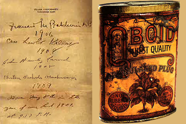 Qboid tin and letter written by Clark undergraduates in 190
