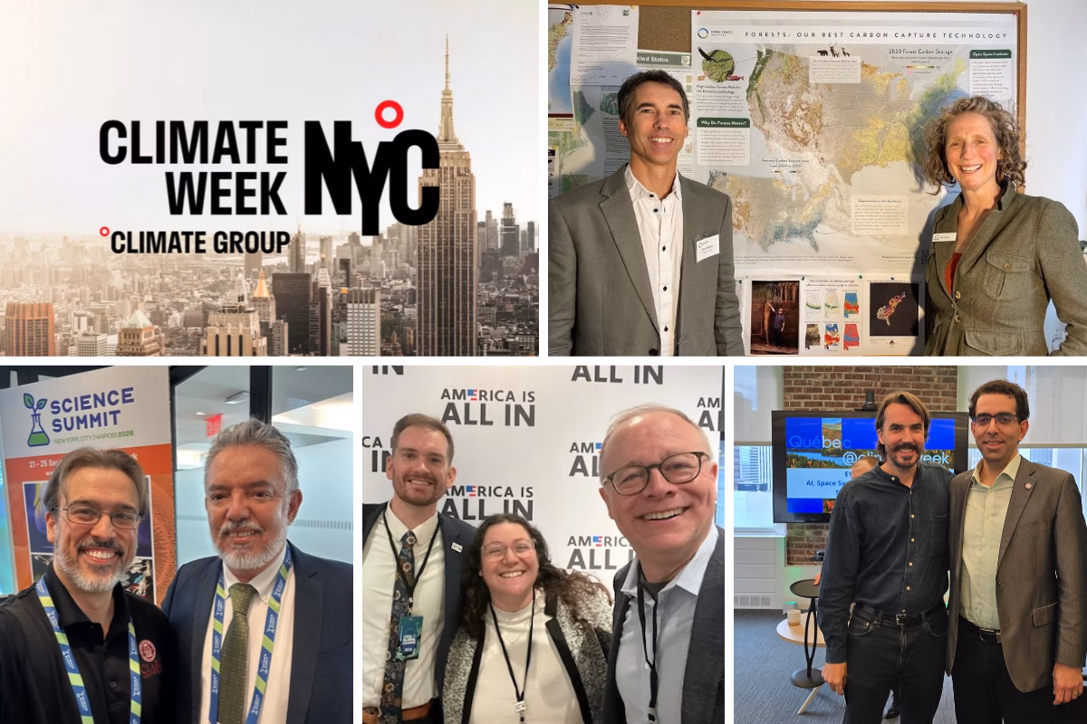 Composite photo with Climate Week NYC logo and four additional photos featuring faculty at Climate Week events.